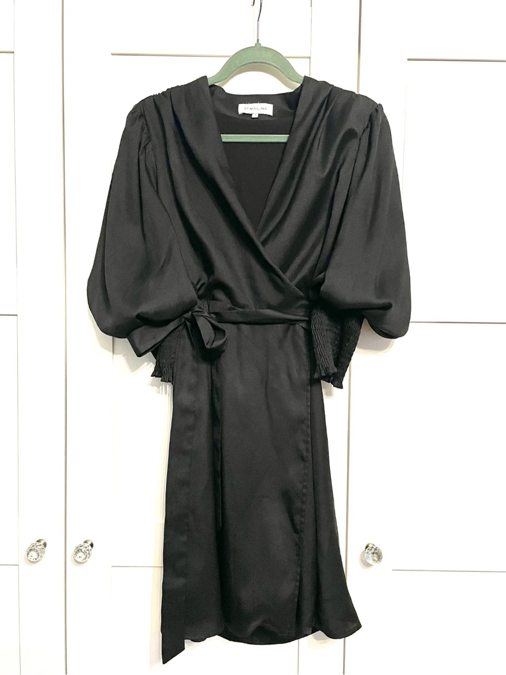 By Malina Elegant Black Wrap Dress with Optional Puff Sleeves